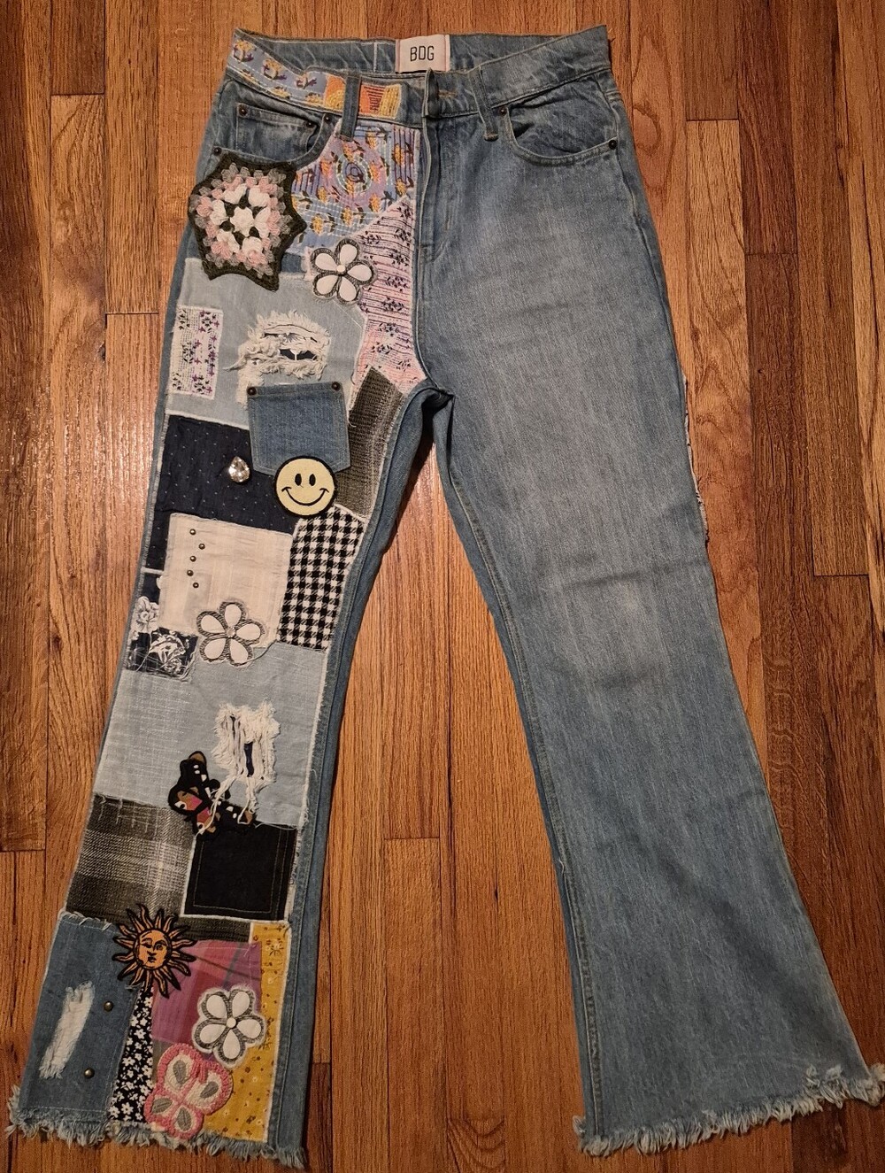 BDG Faded Patchwork Jeans High Rise Cropped Flare Raw Hem Floral & Smiley Patch